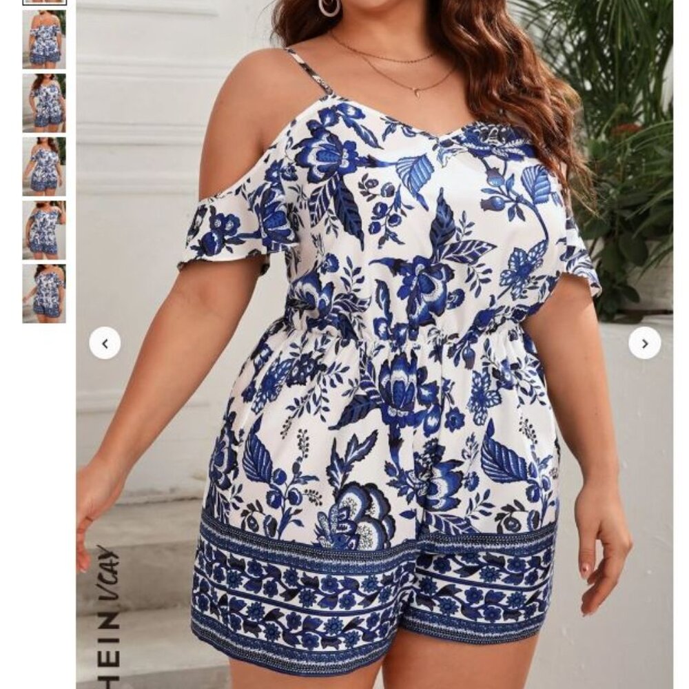 New shein romper 1x blue and white back zipper